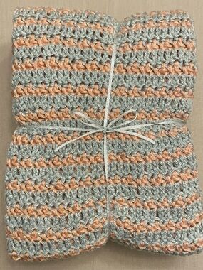 Handmade Crochet Baby Blanket Grey Coral Pink 33x33 Soft